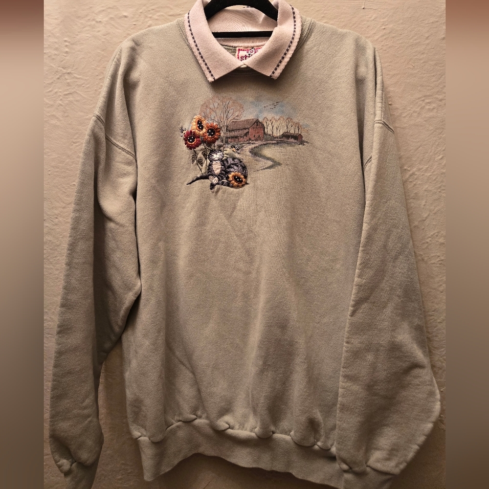 Top Stitch by Morning Sun Embroidered Cat Sweatshirt | Cottagecore | L